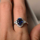 2ct Oval Cut Blue Sapphire Solitaire Round Floral Halo Ring 14k WhiteGold Finish