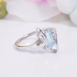 1ct Emerald Cut Blue Aquamarine Twist Shank Solitaire Ring 14k White Gold Finish