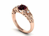 1.6ct Round Cut Red Garnet Floral Filigree Solitaire Ring 14k Rose Gold Finish