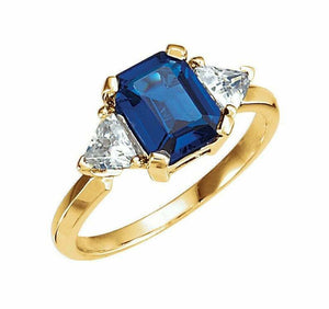 2.2ct Emerald Cut Blue Sapphire Engagement Ring Trilogy 14k Yellow Gold Finish