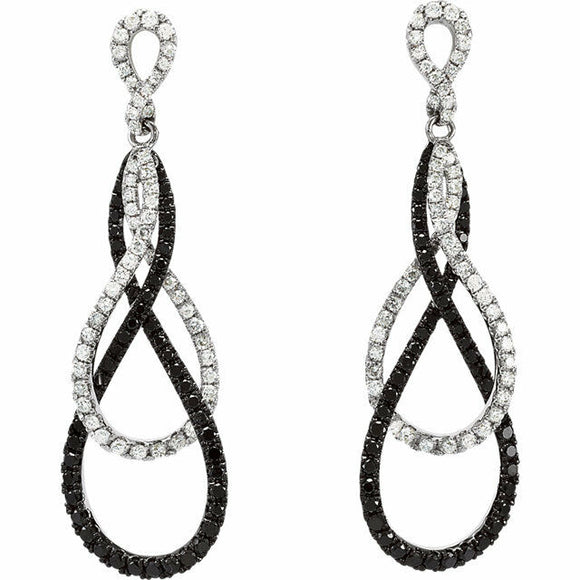 Round Cut Black Diamond Infinity Intertwined Drop Earrings 14k White Gold Finish