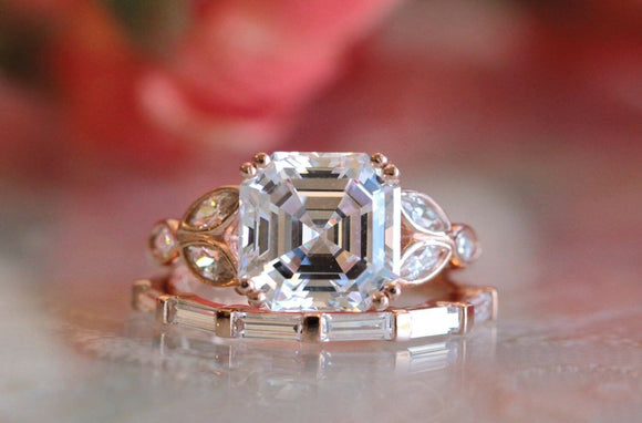 Bridal Set Engagement Ring 2ct Asscher Cut VVS1D Diamond 14k Rose Gold Finish