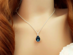 2ct Pear Blue Sapphire Solitaire Women Pendant 14k White Gold Finish WITH CHAIN