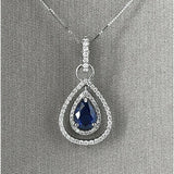 2Ct Pear Blue Sapphire Diamond Dual Halo Pendant 14K White Gold Finish NO CHAIN