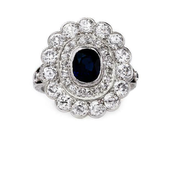 4ct Cushion Cut Blue Sapphire Vintage Dual Halo Floral Ring 14k White Gold Over