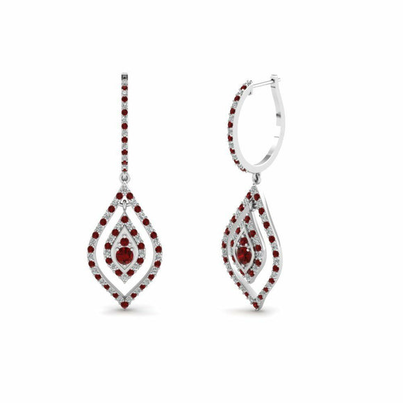 1ct Round Cut Red Garnet Diamond Filigree Drop Earring Women 14k White Gold Over