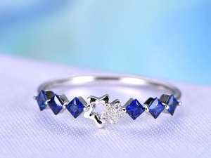 0.7ct Princess Cut Blue Sapphire Star Design Wedding Band 14k White Gold Finish