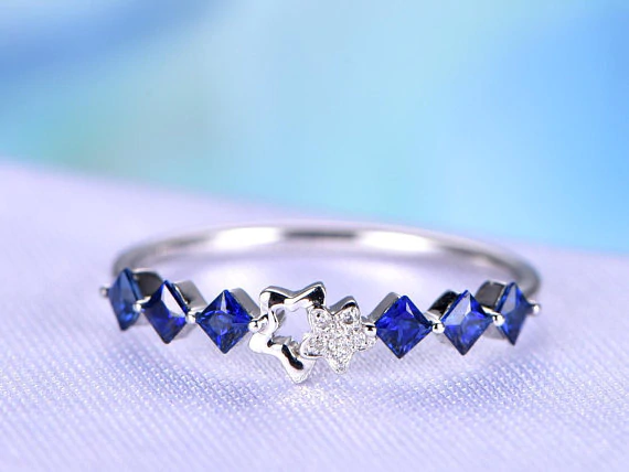 0.7ct Princess Cut Blue Sapphire Star Design Wedding Band 14k White Gold Finish