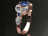 3ct Round Blue Sapphire Engagement Ring Leaf Marquise Accent 14k Rose Gold Over