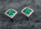 2ct Stud Earrings Princess Cut Green Emerald Diamond Halo 14k White Gold Finish