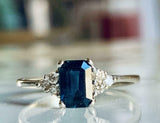 3ct Engagement Ring Emerald Cut Blue Sapphire Diamond Petite 14k White Gold Over