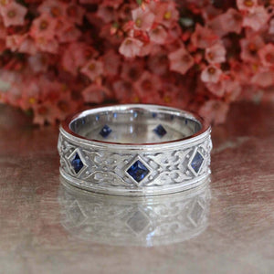 2ct Princess Cut Blue Sapphire Wedding Band Vintage Filigree 14k White Gold Over