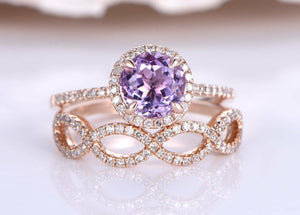 3ct Round Cut Purple Amethyst Halo Bridal Set Engagement Ring 14k Rose Gold Over