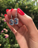 2.3ct Drop Earrings Emerald Cut Blue Topaz Diamond Halo 14k White Gold Finish