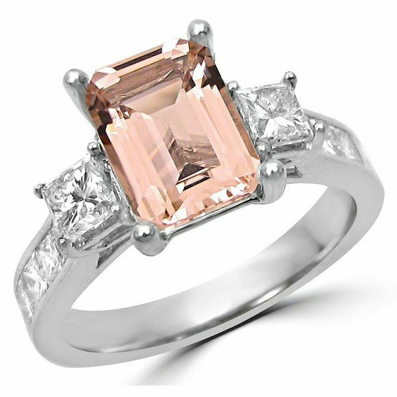 4Ct Emerald Cut Morganite Engagement Ring 14K White Gold Finish Princess Accents