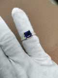 2ct Engagement Ring Asscher Cut Blue Sapphire Split Shank 14k White Gold Finish