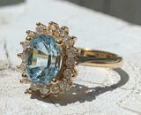 4ct Engagement Ring Oval Cut Blue Aquamarine Diamond Halo 14k Yellow Gold Finish