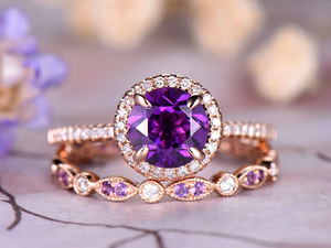 2ct Round Cut Purple Amethyst Engagement Ring Bridal Set Halo 14k Rose Gold Over