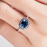 2ct Oval Cut Blue Sapphire Engagement Ring 14k White Gold Finish Halo Solitaire