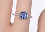 1ct Cushion Cut Blue Tanzanite Halo Design Engagement Ring 14k White Gold Finish