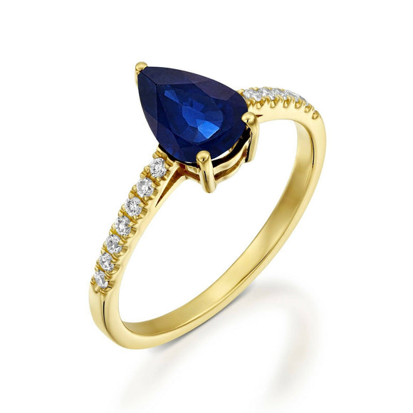 1ct Pear Cut Blue Sapphire Accent Solitaire Engagement Ring 14k Yellow Gold Over