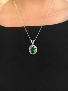 2.2ct Green Emerald Pendant Oval Cut Vintage Halo 14k White Gold Finish NO CHAIN