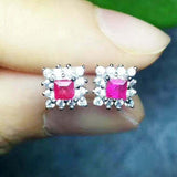 2ct Princess Cut Pink Ruby Floral Halo Stud Women Earrings 14k White Gold Finish