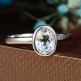 1ct Oval Blue Aquamarine Engagement Ring Bezel Set Solitaire 14k White Gold Over