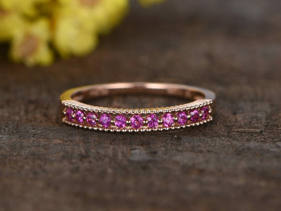 2.1ct Round Pink Sapphire Wedding Band Milgrain Half Eternity 14k Rose Gold Over