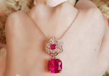 3ct Cushion Cut Pink Ruby Pendant with Chain Flower Design 14k Rose Gold Finish