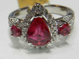 3ct Engagement Ring Pear Cut Pink Ruby Halo Trilogy Stylish 14k WhiteGold Finish