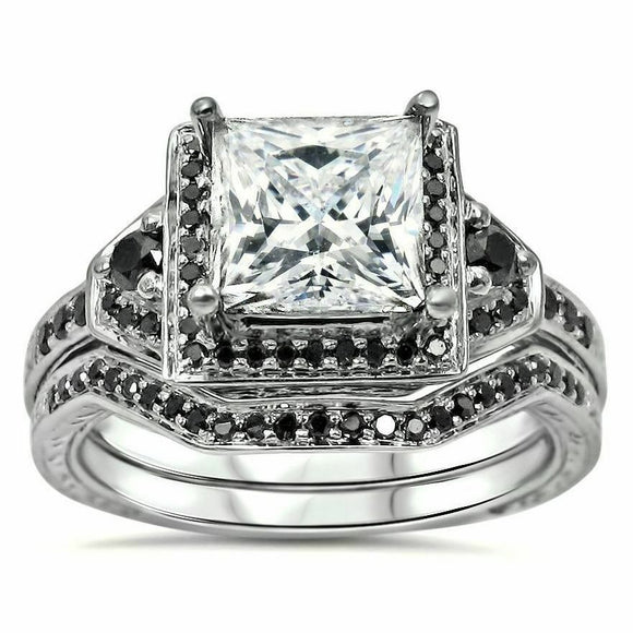 5Ct Princess Cut Diamond Black Accents Vintage Bridal Set 14K White Gold Finish