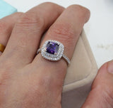 2ct Cushion Cut Purple Amethyst Engagement Ring 14k White Gold Finish Dual Halo