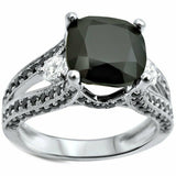 3Ct Cushion Cut Black Diamond Split Shank Engagement Ring 14K White Gold Finish