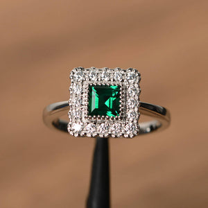 1.4ct Princess Green Emerald Halo Solitaire Engagement Ring 14k WhiteGold Finish