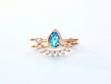 1.5ct Pear Blue Aquamarine Engagement Ring Curved Bridal Set 14k Rose Gold Over