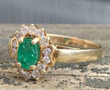 3ct Engagement Ring Oval Cut Emerald Vintage Inspired Halo 14k YellowGold Finish