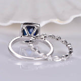 1ct Cushion Cut Blue Sapphire Bridal Set Engagement Ring 14k White Gold Finish