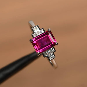 1ct Emerald Cut Pink Ruby Proposal Wedding Engagement Ring 14k White Gold Finish