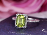 2.3ct Emerald Cut Green Peridot Halo Diamond Accents Ring 14k White Gold Finish