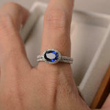 2ct Oval Cut Blue Sapphire Engagement Ring Bridal Set Halo 14k White Gold Finish