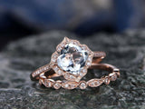 3Ct Cushion Cut Blue Aquamarine Bridal Set Vintage Band Ring 14K Rose Gold Over