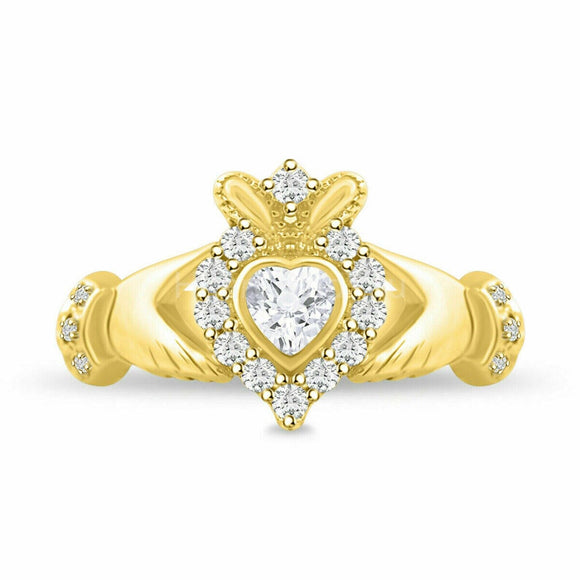 1.9ct Heart Simulated Diamond Claddagh Wedding Bridal Set 14k Yellow Gold Plated