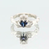 1ct Heart Cut Blue Sapphire Engagement Ring Claddagh Irish 14k White Gold Finish