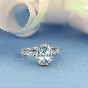 2Ct Oval Cut Blue Aquamarine Engagement Ring 14K White Gold Finish Diamond Halo