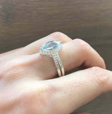 1.5ct Marquise Cut Blue Aquamarine Vintage Bridal Set Ring 14k White Gold Finish