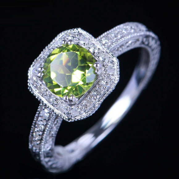 2ct Round Cut Green Peridot Milgrain Halo Engagement Ring 14k White Gold Finish