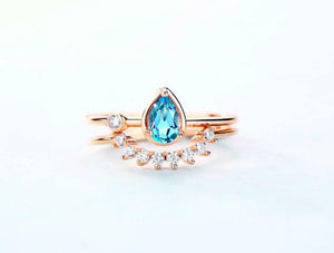 1.5ct Pear Blue Aquamarine Engagement Ring Curved Bridal Set 14k Rose Gold Over