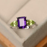 2ct Emerald Cut Purple Amethyst Pear Accents Trilogy Ring 14k White Gold Finish