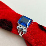 2.4ct Emerald Cut Blue Sapphire Heart Shank Solitaire Ring 14k White Gold Finish